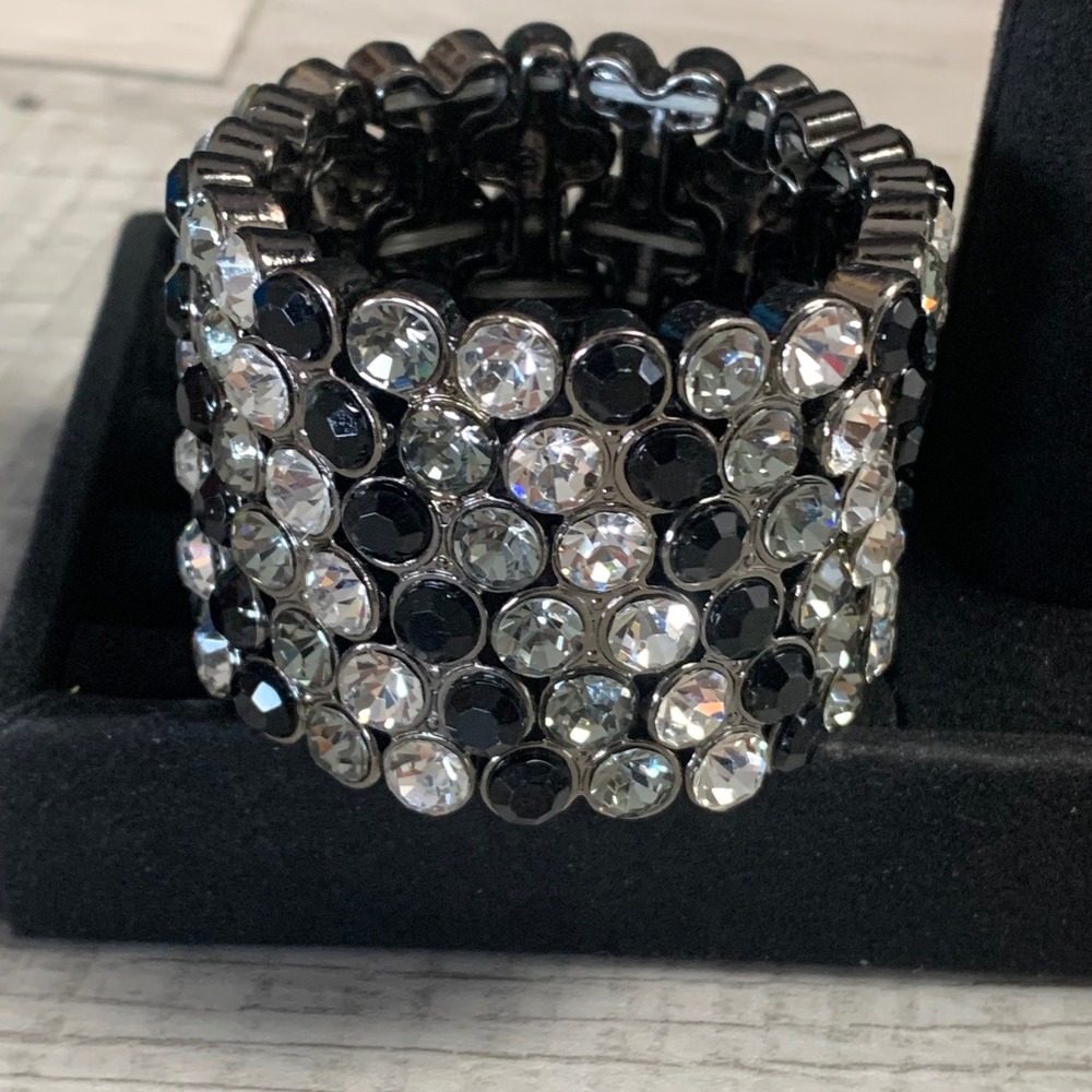 Gunmetal Crystal Stretch Cuff Bracelet Black Grey Clear Rhinestone Wide Band